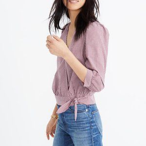 Madewell Red Gingham Check 3/4 Wrap Top XS